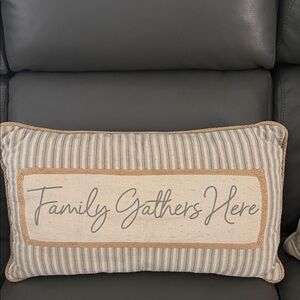 Striped Decorative Pillow with 'Family Gathers Here' Text
